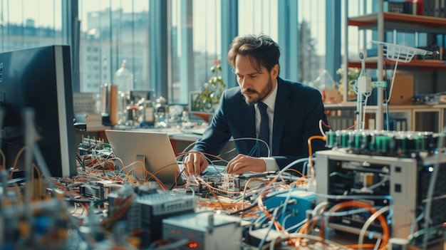 Inżynier pracujący nad skomplikowaną płytką obwodową elektroniczną w nowoczesnym laboratorium
