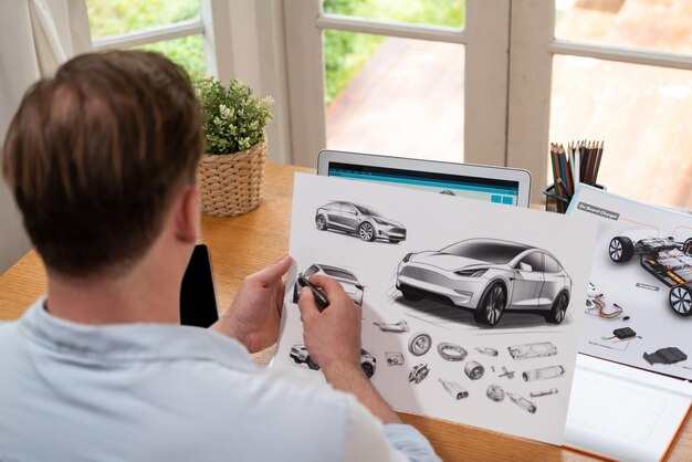 Inżynier projektujący samochody analizuje prototyp samochodu dla branży motoryzacyjnej w domowym biurze Projektant inżynierii samochodowej dokładnie analizuje znajdowanie wad i ulepszeń w projekcie samochodu za pomocą laptopa Synchronos