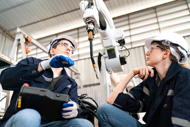 Zdjęcie inżynier robotyki pracujący nad konserwacją nowoczesnego ramienia robota w magazynie fabrycznym