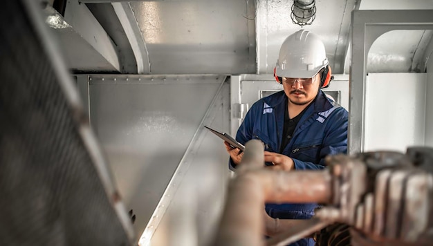 Zdjęcie inżynier silnika sprawdzający duże maszyny w fabryce technik konserwacji silników kolejowych kierownik mechanika naprawy silników