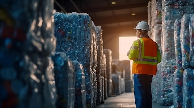 Inżynier Stoi i patrzy wstecz Plastikowa butelka w branży recyklingu