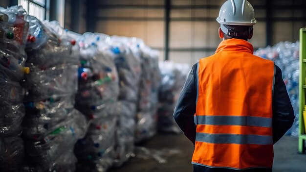 Inżynier Stoi i patrzy wstecz Plastikowa butelka w branży recyklingu