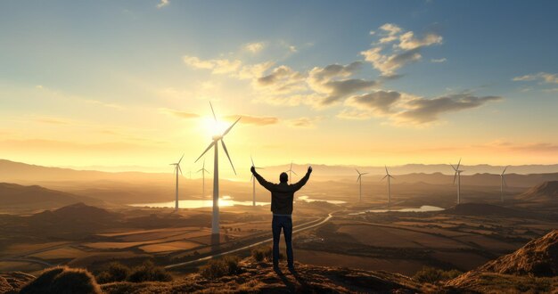 Zdjęcie inżynier stojący na szczycie turbiny wiatrowej