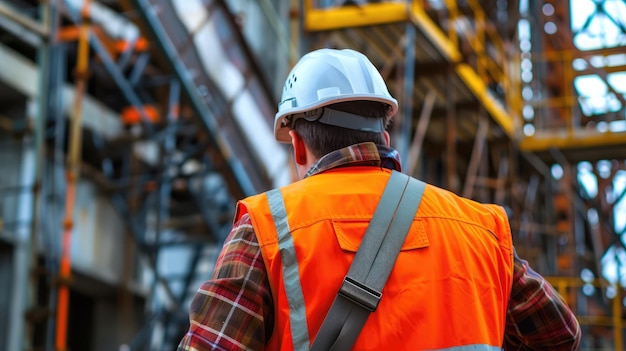 Inżynier-technik obserwujący zespół pracowników na wysokiej platformie stalowejInżynier-teknik patrzący i analizujący niedokończony projekt budowlany