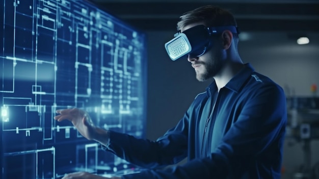 Inżynier technologii przemysłowych oceniający prototypy wirtualnej rzeczywistości i holograficzne prototypy sztucznej inteligencji Generative AI