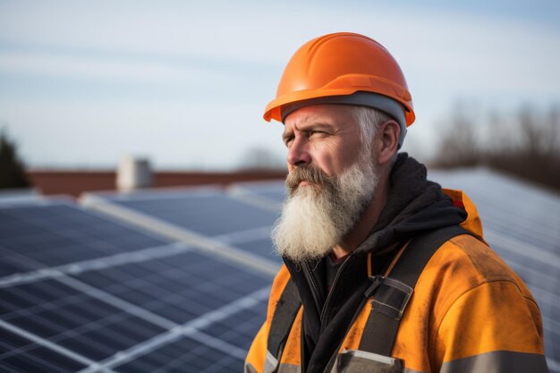 Inżynier uważnie obserwuje farmę słoneczną prezentującą zrównoważoną energię i innowacje technologiczne Idealne dla innowacji w technologii energii odnawialnej energia słoneczna i koncepcje środowiskowe