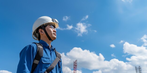 Inżynier w kasku i odzieży ochronnej stoi na tle błękitnego nieba