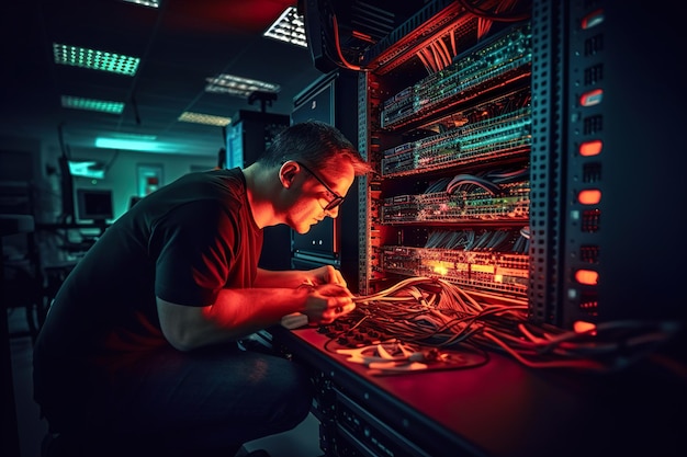 Inżynier w serwerowni w centrum danych łączący kable Generative AI