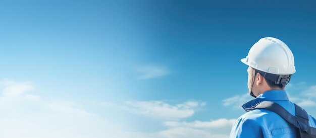 Zdjęcie inżynier z kaskiem i tkaniną ochronną stoi na tle błękitnego nieba