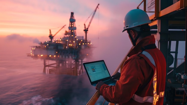 Inżynier z laptopem nadzorujący platformę naftową na morzu o zachodzie słońca Scena miejsca pracy przemysłowej Koncepcja operacji przemysłu naftowego i gazowego AI