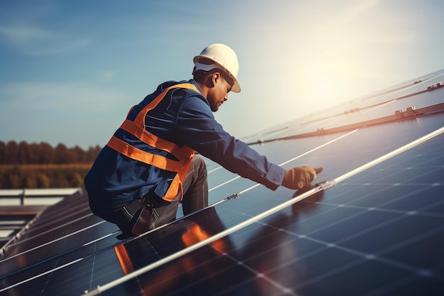 Inżynier zajmujący się energetyką słoneczną instalujący panele słoneczne na dachu Generative AI