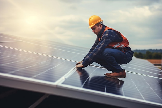 Inżynier zajmujący się energetyką słoneczną instalujący panele słoneczne na dachu Generative AI
