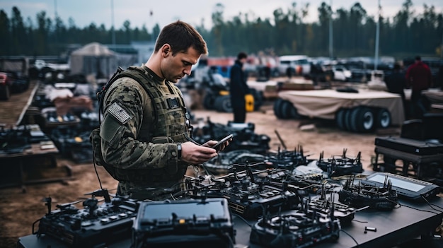 Inżynier żołnierza mobilnej bazy wojskowej przekazuje zdjęcia lotnicze i dane z drona do artylerii