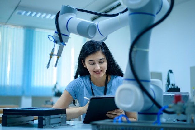 Inżynierka robotyki pracująca z programowaniem i manipulacją ręką robota