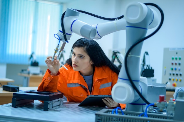 Inżynierka robotyki pracująca z programowaniem i manipulacją ręką robota