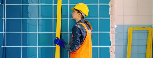 Inżynierka sprawdzająca niebieskie płytki na ścianie