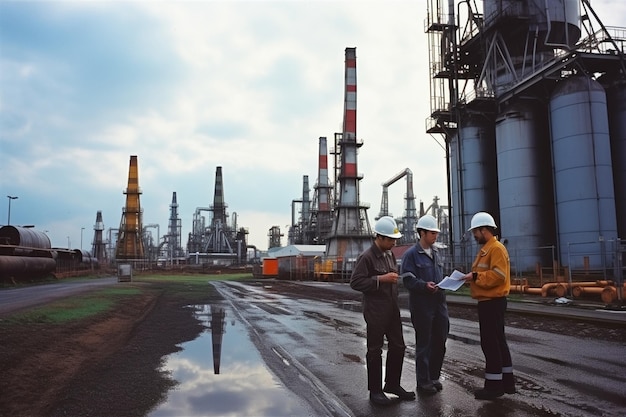 Zdjęcie inżynierowie dyskutujący nad projektem z doświadczeniem z rafinerii ropy naftowej i gazu