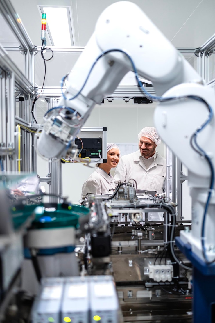 Zdjęcie inżynierowie fabryczni kontrolujący i monitorujący proces produkcji maszyn robotycznych w fabryce