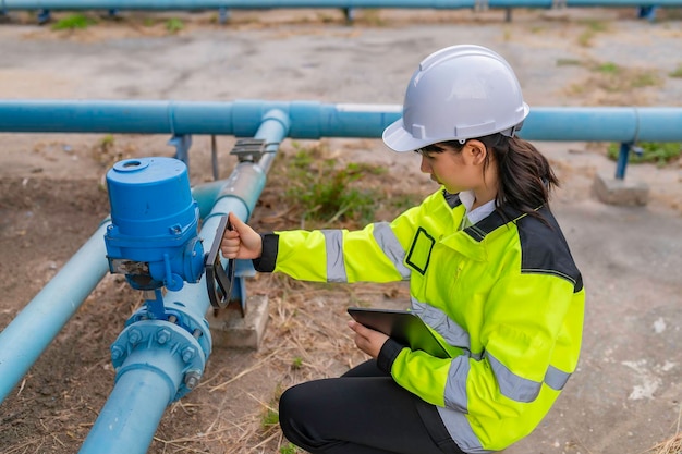 Inżynierowie ochrony środowiska pracują w oczyszczalni ścieków Inżynierzy zaopatrzenia w wodę pracują w zakładzie recyklingu wody do ponownego wykorzystania Sprawdź ilość chloru w wodzie, aby była w granicach kryteriów