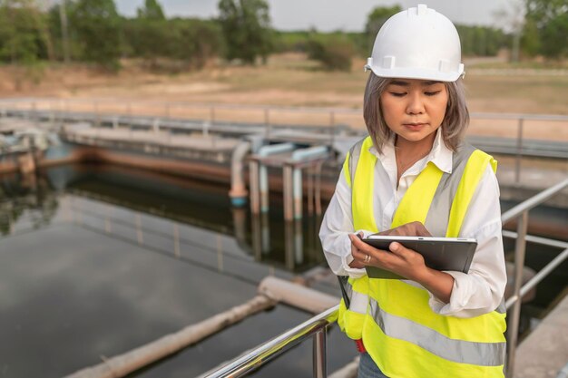 Inżynierowie ochrony środowiska pracują w oczyszczalniach ściekówInżynieria zaopatrzenia w wodę pracują w Zakład recyklingu wody do ponownego wykorzystania Technicy i inżynierowie rozmawiają o współpracy