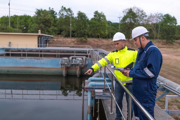 Inżynierowie ochrony środowiska pracują w oczyszczalniach ściekówInżynieria zaopatrzenia w wodę pracują w Zakład recyklingu wody do ponownego wykorzystania Technicy i inżynierowie rozmawiają o współpracy