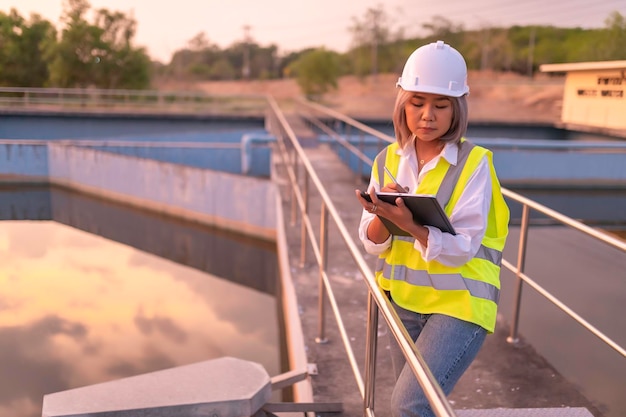 Inżynierowie ochrony środowiska pracują w oczyszczalniach ściekówInżynieria zaopatrzenia w wodę pracują w Zakład recyklingu wody do ponownego wykorzystania Technicy i inżynierowie rozmawiają o współpracy