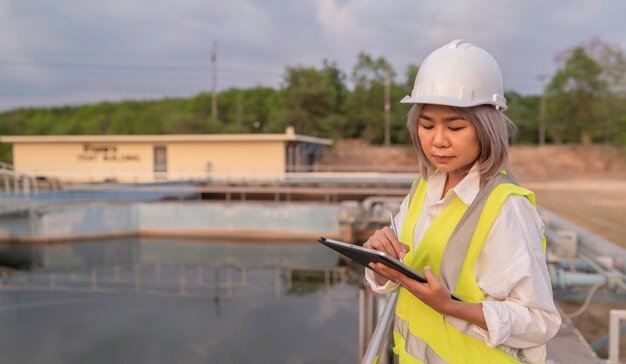 Inżynierowie ochrony środowiska pracują w oczyszczalniach ściekówInżynieria zaopatrzenia w wodę pracują w Zakład recyklingu wody do ponownego wykorzystania Technicy i inżynierowie rozmawiają o współpracy