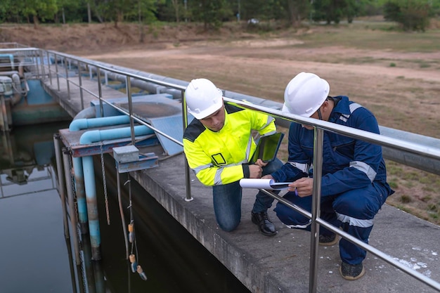 Inżynierowie ochrony środowiska pracują w oczyszczalniach ściekówInżynieria zaopatrzenia w wodę pracują w Zakład recyklingu wody do ponownego wykorzystania Technicy i inżynierowie rozmawiają o współpracy