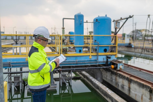 Inżynierowie ochrony środowiska pracują w zakładach oczyszczania ścieków Inżynieria zaopatrzenia w wodę pracuje w zakładzie recyklingu wody do ponownego wykorzystania
