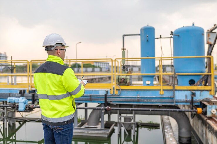 Inżynierowie ochrony środowiska pracują w zakładach oczyszczania ścieków Inżynieria zaopatrzenia w wodę pracuje w zakładzie recyklingu wody do ponownego wykorzystania