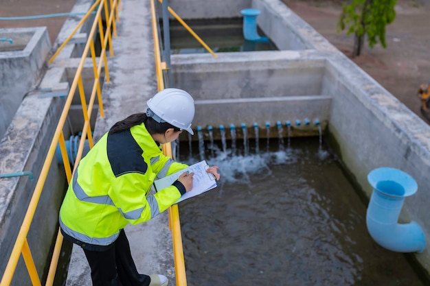 Inżynierowie środowiska pracują w oczyszczalniach ściekówInżynieria zaopatrzenia w wodę pracująca w zakładzie recyklingu wody do ponownego użyciaSprawdź ilość chloru w wodzie, aby mieściła się w kryteriach