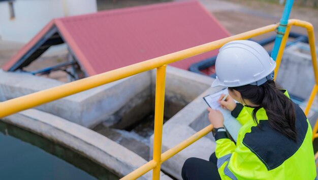 Inżynierowie środowiska pracują w oczyszczalniach ściekówInżynieria zaopatrzenia w wodę pracująca w zakładzie recyklingu wody do ponownego użyciaSprawdź ilość chloru w wodzie, aby mieściła się w kryteriach