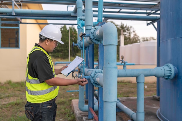 Inżynierowie środowiska pracują w oczyszczalniach ściekówMęski technik hydraulik pracujący przy zaopatrzeniu w wodę