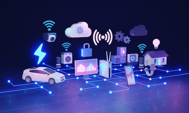 IOT lub Internet rzeczy jako inteligentne urządzenie z koncepcją ilustracji sygnału 3D