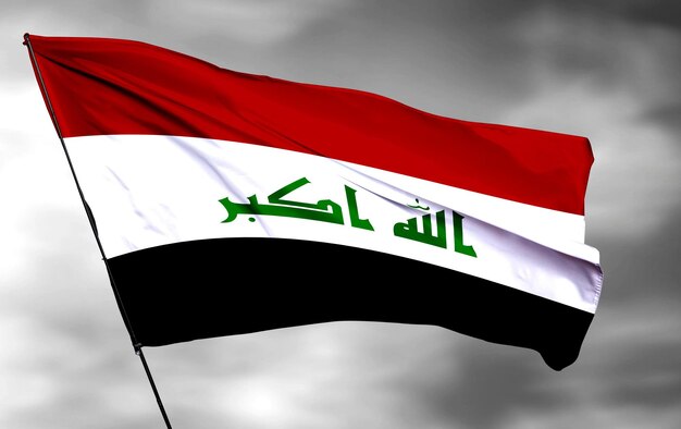 Zdjęcie irak 3d macha flagą i obraz tła szarej chmury