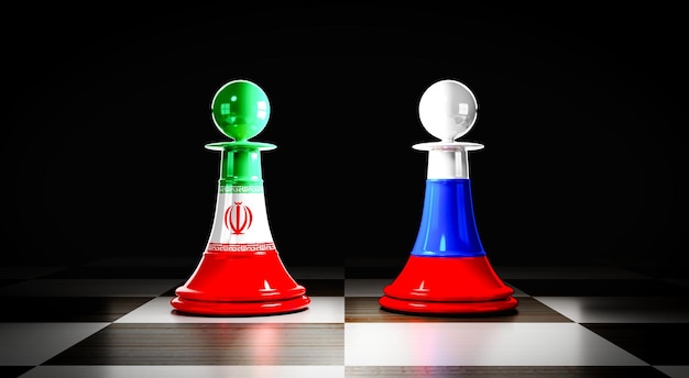 Zdjęcie iran i rosja relacje pionki szachowe z flagami narodowymi ilustracja 3d