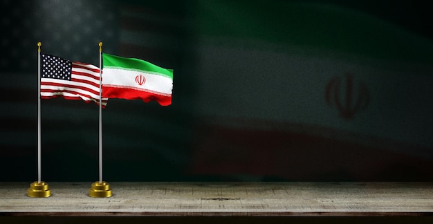 Iran i Stany Zjednoczone lub flaga Ameryki na ciemnym tle cyfrowa ilustracja dla działalności narodowej