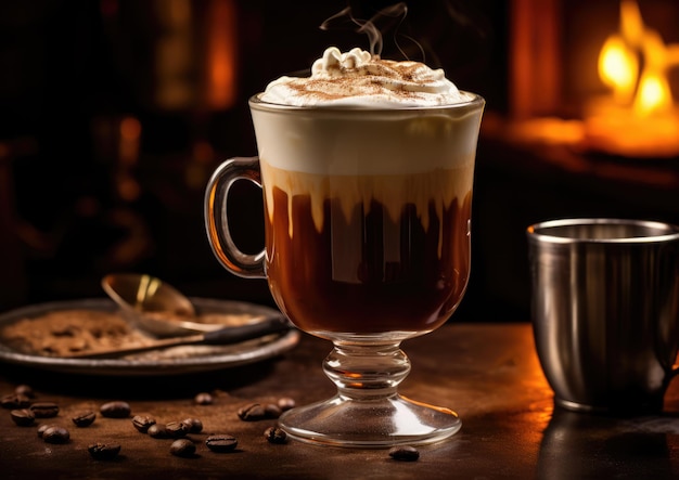 Irlandzki koktajl kawowy serwowany w przytulnej kawiarni, podkreślając jej kojące ciepło