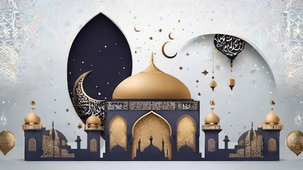 Islam Ramadan Mosque sylwetka na nocnym niebie z półksiężycem i gwiazdą