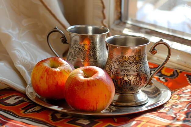 Zdjęcie islamska dekoracja noworoczna z tradycyjnym jedzeniem i herbatą