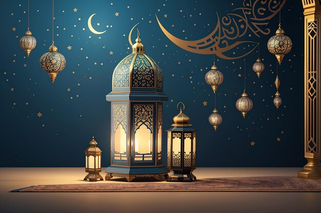 islamska dekoracja tła z latarnią i półksiężycem luksusowy styl ramadan kareem mawlid iftar isra miraj eid al fitr adha muharram kopiować przestrzeń tekst obszar ilustracja 3D