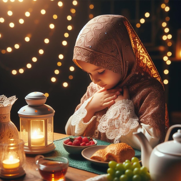 Islamska dziewczyna w hidżabie szariatu łamiąca post w nocy