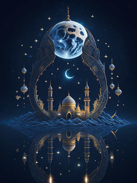 Islamska fotografia Ramadan Kareem eid mubarak królewska elegancka lampa i święta brama meczetu z fajerwerkami