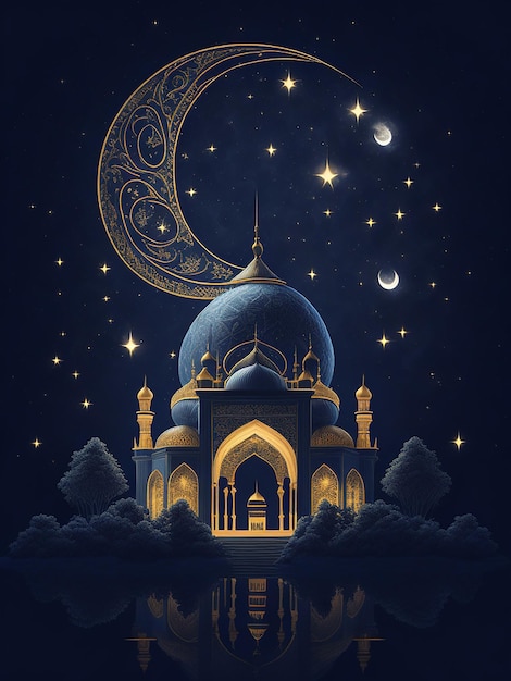 Islamska fotografia Ramadan Kareem eid mubarak królewska elegancka lampa i święta brama meczetu z fajerwerkami
