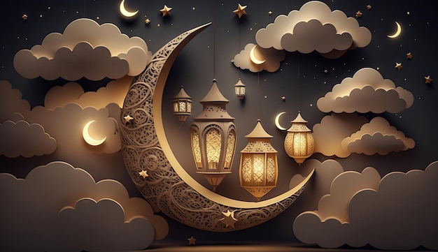 Islamska ilustracja półksiężyca i realistycznych chmur z tradycyjnymi latarniami i sercami Generative ai