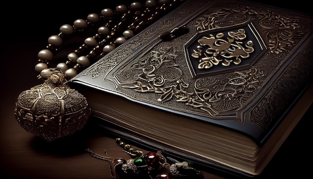 Islamska książka koran z różańcem Ramadan święty czas na modlitwę generatywną ai