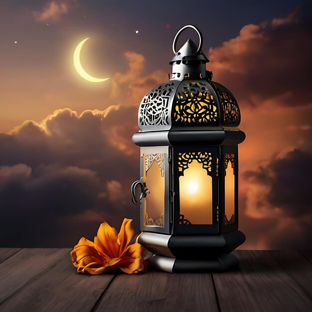 Islamska latarnia Ramadanu z światłem i tłem nieba i półksiężyca generowanego przez AI