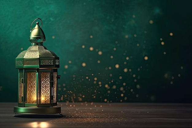 Islamska latarnia stoi ze świeczką arabską ozdobą ramadan kareem zielonym tłem generowanym przez AI