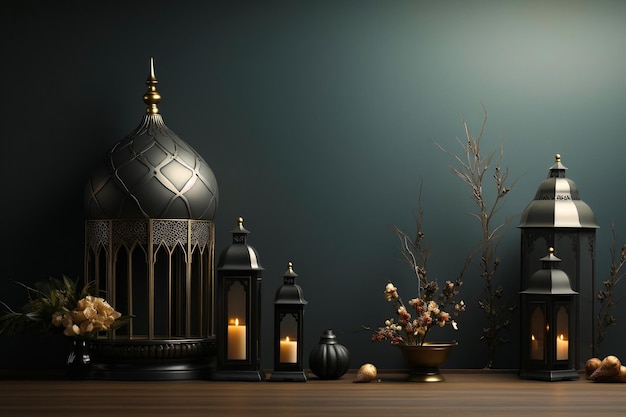 Islamska latarnia z ciemnym tłem Eid al fitr i koncepcja Ramadanu