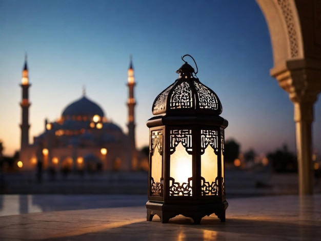 islamska latarnia z niewyraźnym meczetem na tle